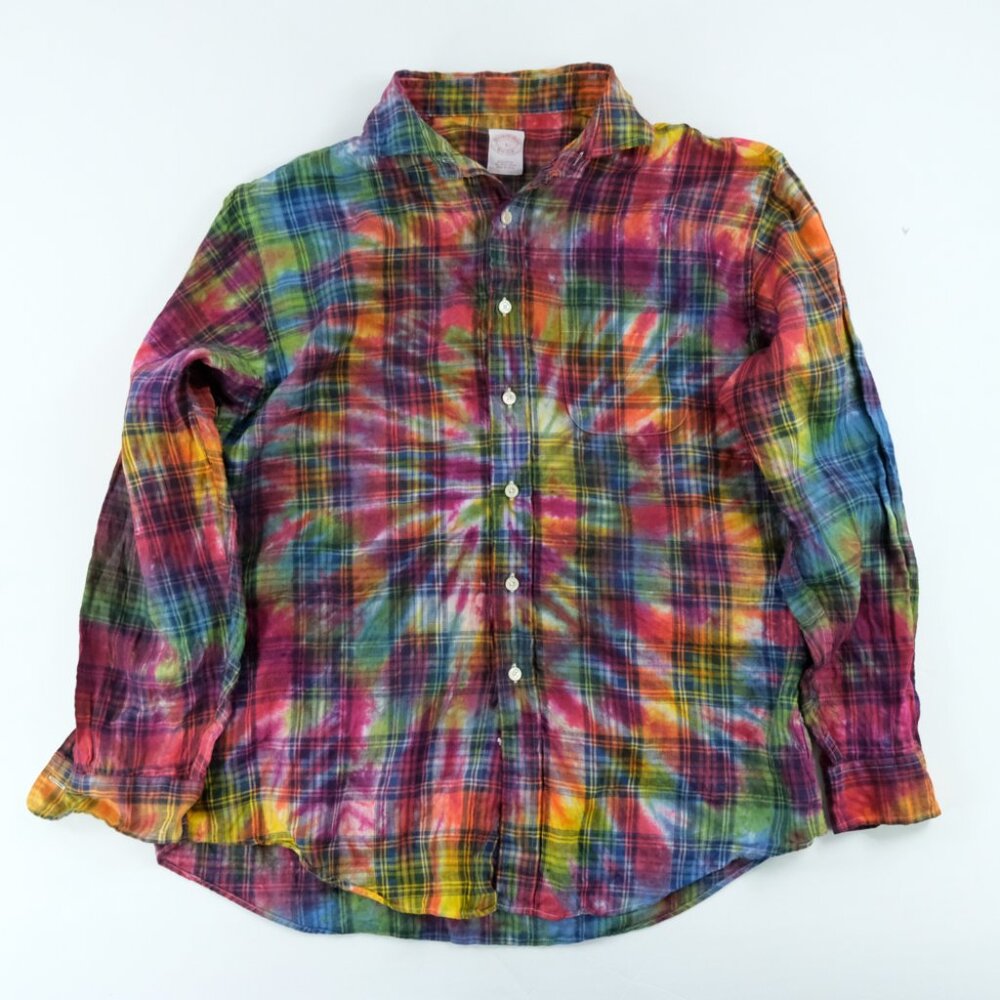 Brooks Brothers Shirt Men Large Blue Plaid Tie Dye Reg Irish Linen Summer Shirt
